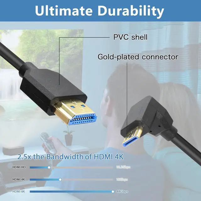 Alt view image 4 of 6 - Vszerda Coiled HDMI Cable Right Angled 8K 48Gbps HDMI 2.1 Mini HDMI to HDMI Male Telescopic Cable High Speed (Up Angle)