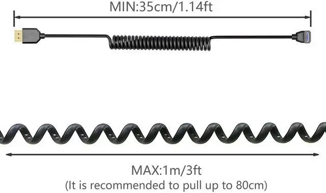 Alt view image 5 of 6 - Vszerda Coiled HDMI Cable Right Angled 8K 48Gbps HDMI 2.1 Mini HDMI to HDMI Male Telescopic Cable High Speed (Up Angle)