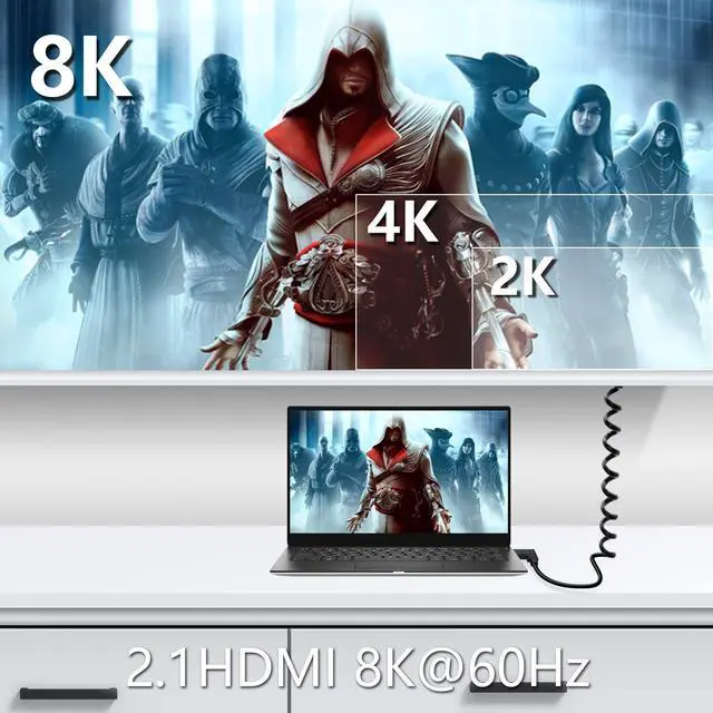 Alt view image 2 of 7 - Vszerda Micro HDMI to HDMI Cable Coiled 8K HDMI 2.1 Telescopic Cable High Speed Cable Support 120Hz 48Gbps Dynamic HDR for Digital Cameras (Left Angle)
