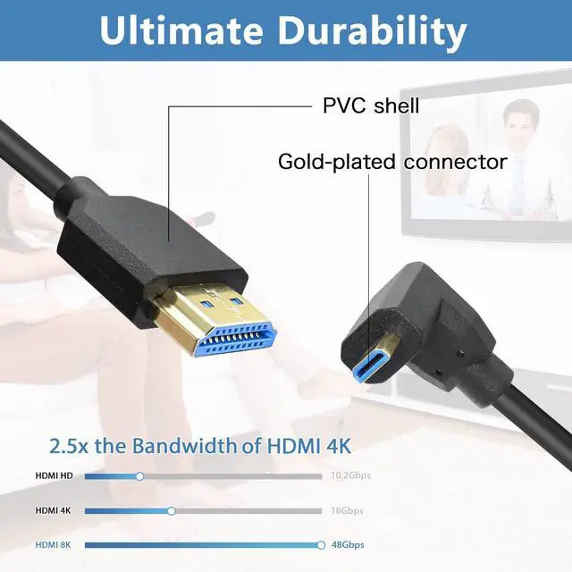 Alt view image 4 of 7 - Vszerda Micro HDMI to HDMI Cable Coiled 8K HDMI 2.1 Telescopic Cable High Speed Cable Support 120Hz 48Gbps Dynamic HDR for Digital Cameras (Up Angle)