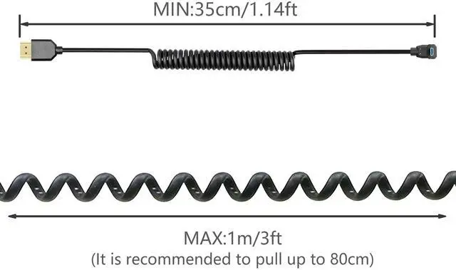 Alt view image 5 of 7 - Vszerda Micro HDMI to HDMI Cable Coiled 8K HDMI 2.1 Telescopic Cable High Speed Cable Support 120Hz 48Gbps Dynamic HDR for Digital Cameras (Up Angle)