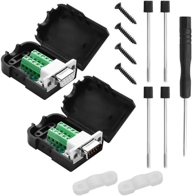 Main image of Vszerda 1 Pair DB9 Breakout Connector RS232 D-SUB 9-Pin Port Male+Female Serial Solderless Adapter Terminal Connector Signal Module with case (A, Long Bolts)