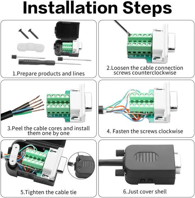 Alt view image 5 of 7 - Vszerda 1 Pair DB9 Breakout Connector RS232 D-SUB 9-Pin Port Male+Female Serial Solderless Adapter Terminal Connector Signal Module with case (A, Long Bolts)