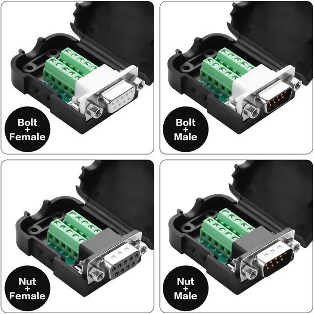 Alt view image 7 of 7 - Vszerda 1 Pair DB9 Breakout Connector RS232 D-SUB 9-Pin Port Male+Female Serial Solderless Adapter Terminal Connector Signal Module with case (A, Nuts)