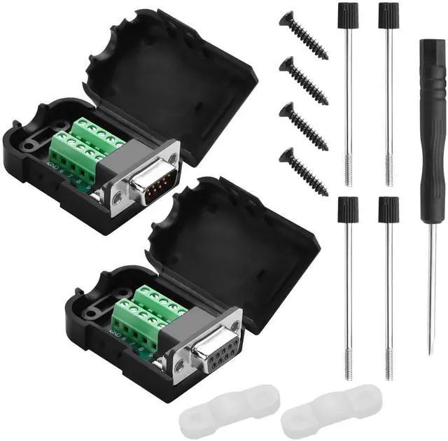 Main image of Vszerda 1 Pair DB9 Breakout Connector RS232 D-SUB 9-Pin Port Male+Female Serial Solderless Adapter Terminal Connector Signal Module with case (B, Long Bolts)