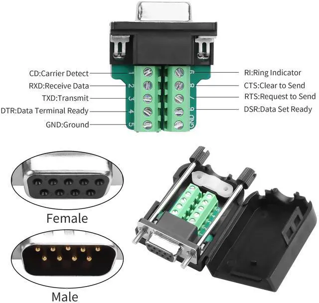 Alt view image 2 of 7 - Vszerda 1 Pair DB9 Breakout Connector RS232 D-SUB 9-Pin Port Male+Female Serial Solderless Adapter Terminal Connector Signal Module with case (B, Long Bolts)