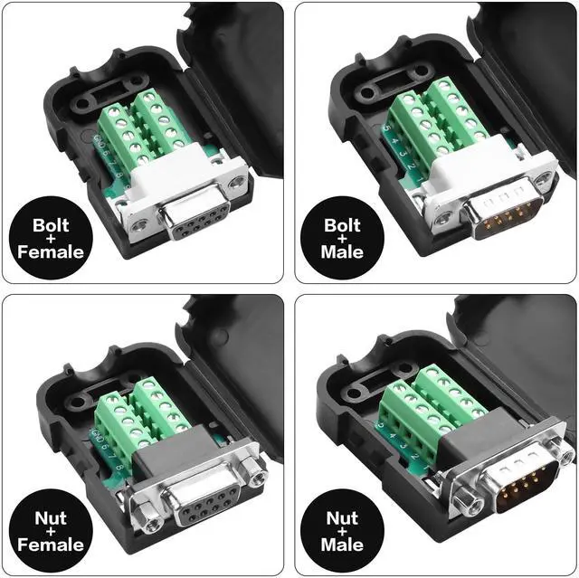 Alt view image 7 of 7 - Vszerda 1 Pair DB9 Breakout Connector RS232 D-SUB 9-Pin Port Male+Female Serial Solderless Adapter Terminal Connector Signal Module with case (B, Long Bolts)