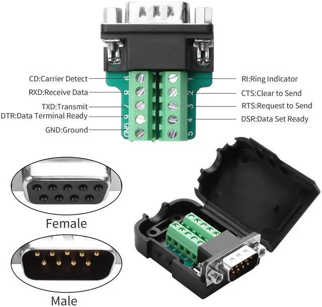 Alt view image 2 of 7 - Vszerda 1 Pair DB9 Breakout Connector RS232 D-SUB 9-Pin Port Male+Female Serial Solderless Adapter Terminal Connector Signal Module with case (B, Nuts)