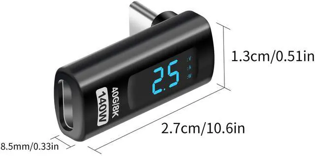 Alt view image 7 of 7 - Vszerda USB C L Shape Adapter with LED Display 140W 40Gbps 90 Degree USB Type C Male to Female Current Voltage Fast Charging Monitoring Display Tester Detector