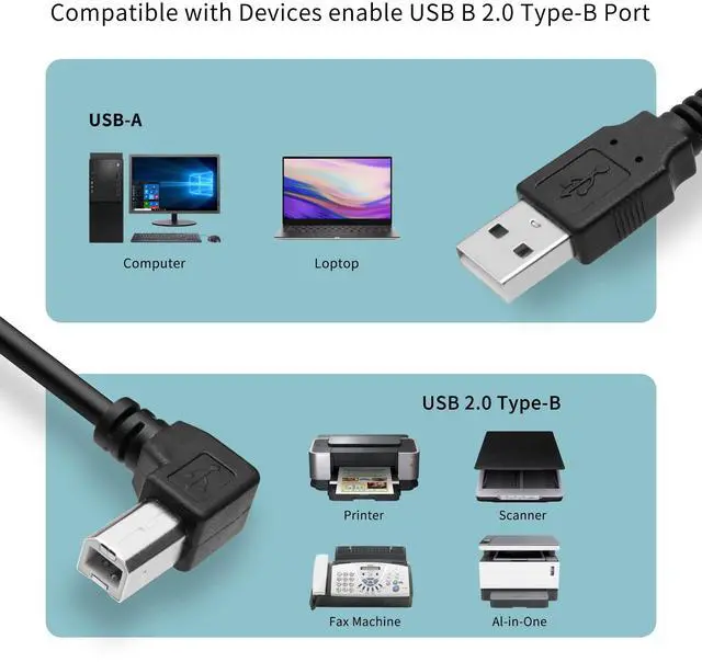 Alt view image 6 of 7 - Vszerda USB Printer Cable 90 Degree USB 2.0 A Male to B Male Printer Scanner USB B Cable Cord with 480Mbps High Speed Printing, 1.5M(Left Angle)