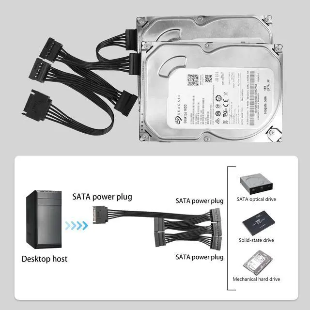 Alt view image 3 of 7 - Vszerda SATA Power Extension Cable 15 Pin SATA 1 Male to 5 Female Splitter Hard Drive Cable for HDDSSDOptical Drives1.6FT/50CM