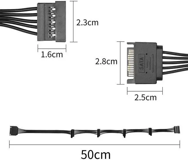 Alt view image 4 of 7 - Vszerda SATA Power Extension Cable 15 Pin SATA 1 Male to 5 Female Splitter Hard Drive Cable for HDDSSDOptical Drives1.6FT/50CM