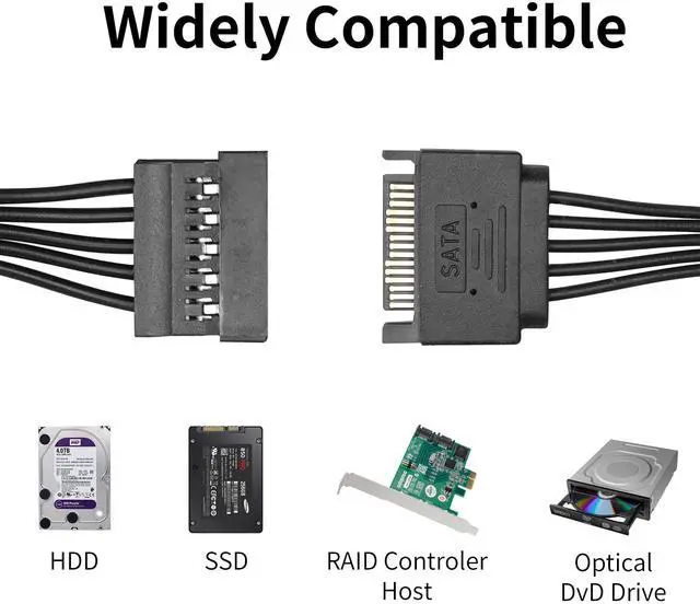 Alt view image 7 of 7 - Vszerda SATA Power Extension Cable 15 Pin SATA 1 Male to 5 Female Splitter Hard Drive Cable for HDDSSDOptical Drives1.6FT/50CM