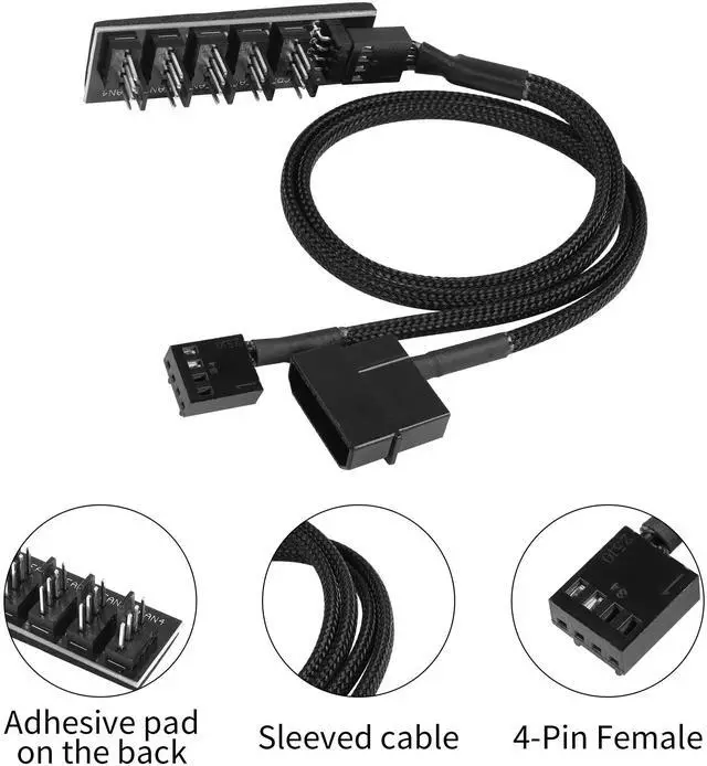Alt view image 4 of 6 - Vszerda 4 Pin PWM Fan Hub Spliiter, Sleeved 1 to 5 Way PWM PC CPU Cooling Fan Splitter Cable for Computer PC Fan Cable