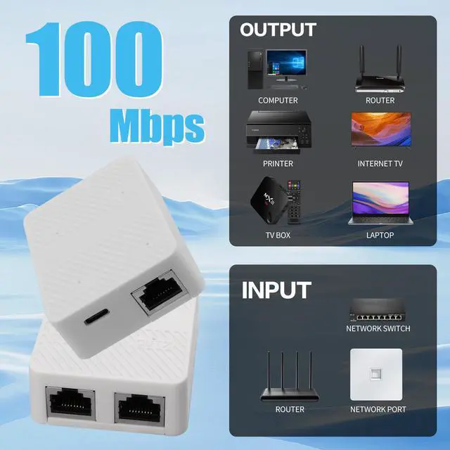 Alt view image 2 of 7 - Vszerda Ethernet Splitter 1 in 2 Out 100Mbps RJ45 Network Extender Adapter with USB C Power Cable, Network LAN Adapter for Cat5/5e/6/7/8 Cable (2 Devices Simultaneously Networking) (White)