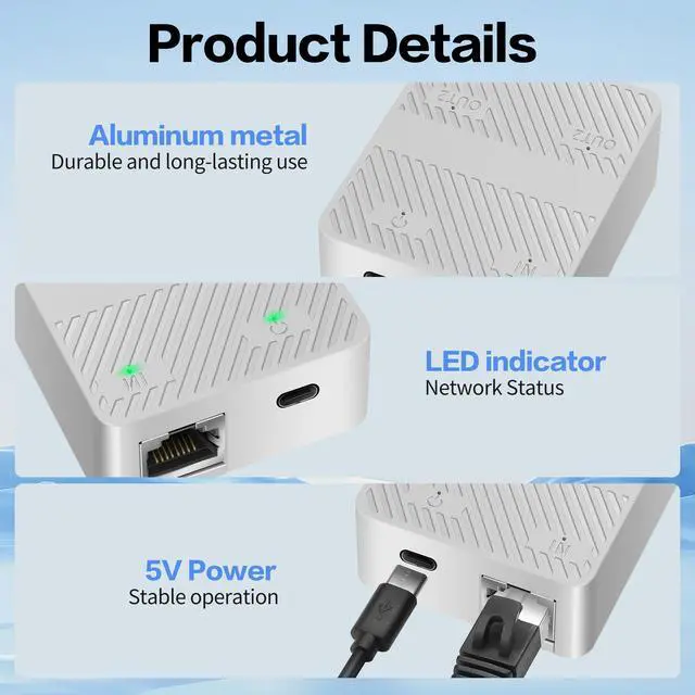 Alt view image 3 of 7 - Vszerda Ethernet Splitter 1 in 2 Out 100Mbps RJ45 Network Extender Adapter with USB C Power Cable, Network LAN Adapter for Cat5/5e/6/7/8 Cable (2 Devices Simultaneously Networking) (White)