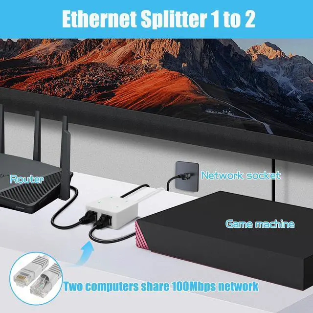 Alt view image 6 of 7 - Vszerda Ethernet Splitter 1 in 2 Out 100Mbps RJ45 Network Extender Adapter with USB C Power Cable, Network LAN Adapter for Cat5/5e/6/7/8 Cable (2 Devices Simultaneously Networking) (White)