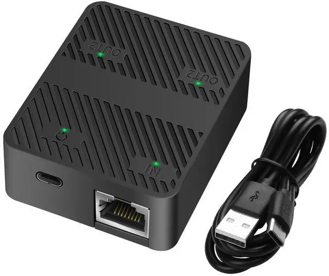 Main image of Vszerda Ethernet Splitter 1 in 2 Out 100Mbps RJ45 Network Extender Adapter with USB C Power Cable, Network LAN Adapter for Cat5/5e/6/7/8 Cable (2 Devices Simultaneously Networking) (Black)