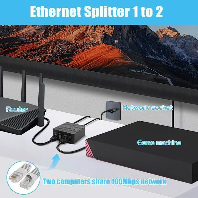 Alt view image 6 of 7 - Vszerda Ethernet Splitter 1 in 2 Out 100Mbps RJ45 Network Extender Adapter with USB C Power Cable, Network LAN Adapter for Cat5/5e/6/7/8 Cable (2 Devices Simultaneously Networking) (Black)