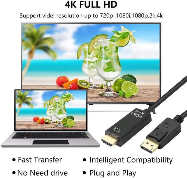 Alt view image 5 of 7 - Vszerda DisplayPort to HDMI Cable,6 Feet Gold-Plated DP to HDMI Adapter Male to Male,4K Resolution Ready for Projector,Desktop,Laptop and More