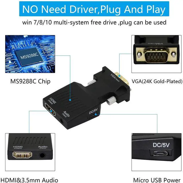 Alt view image 3 of 6 - Vszerda VGA to HDMI Adapter 1080P VGA Male to HDMI Female Converter (Cable)