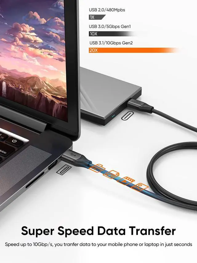 Alt view image 3 of 7 - CableCreation USB A to USB C Cable 3.3FT, USB-C to USB 3.1 USB 3.2 Gen2 10Gbps USB-A to C Data Cord, Android Auto Cable 3A for Type-C External SSD MacBook Pro iPad, Galaxy S24 Ultra/S24+/S23,1.0m