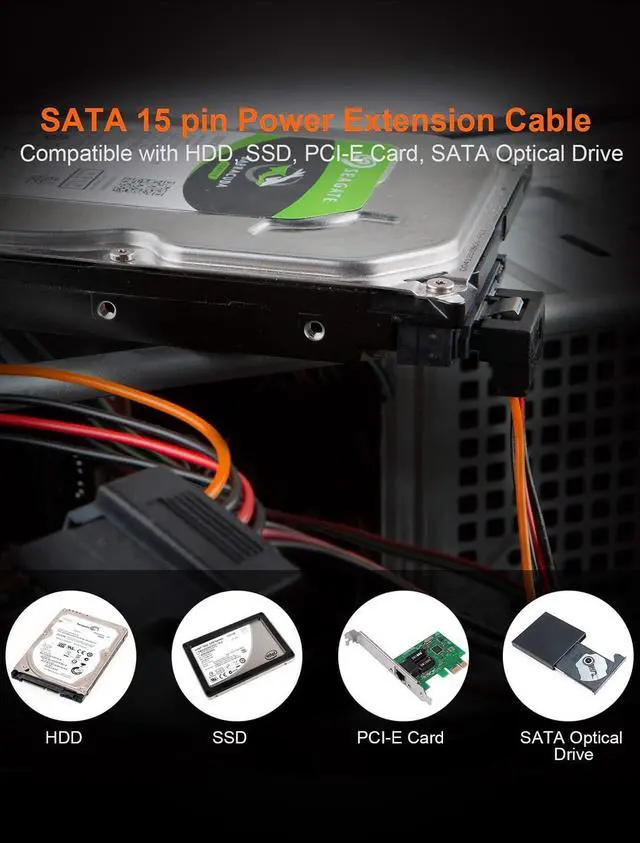 Alt view image 6 of 7 - Vszerda SATA Power Cable, [2-Pack] 6-Inch SATA 15 Pin Male to 2xSATA 15 Pin Down Angle Female Power Splitter Cable