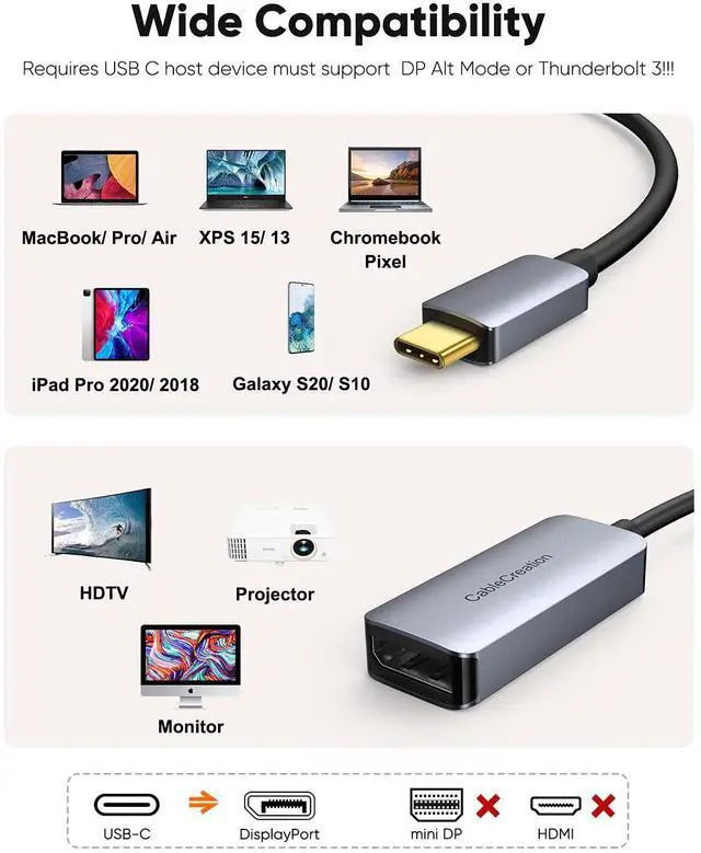 Alt view image 5 of 7 - 8K USB C to DisplayPort Adapter, 40G Type C to Display Port,USB-C to DP 1.4 [8K@60Hz, 4K@144Hz] HDR, Thunderbolt 4/3 Compatible with Valve Index, MacBook, iPhone 15, XPS, Oculus Rift S