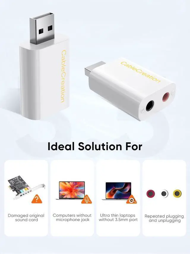 Alt view image 3 of 7 - USB Audio Adapter - External Sound Card with 3.5mm Headphone and Microphone Jack for Windows, Mac, Linux, PC, PS4, Laptops - Plug and Play, No Drivers Needed (White)