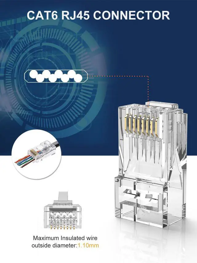Alt view image 3 of 7 - KEHIPI Cat6 RJ45 Pass Through Connectors, 100-Pack Cat6/Cat5e Gold Plated Modular Plug Unshielded Crimp Connector for Solid or Stranded UTP Ethernet Cable