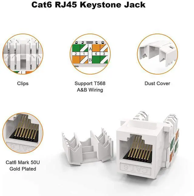 Alt view image 5 of 7 - Vszerda Cat6 Keystone Jack RJ45 Keystone Jack, 60-Pack Keystone Cat6 Modular Female Connectors, White