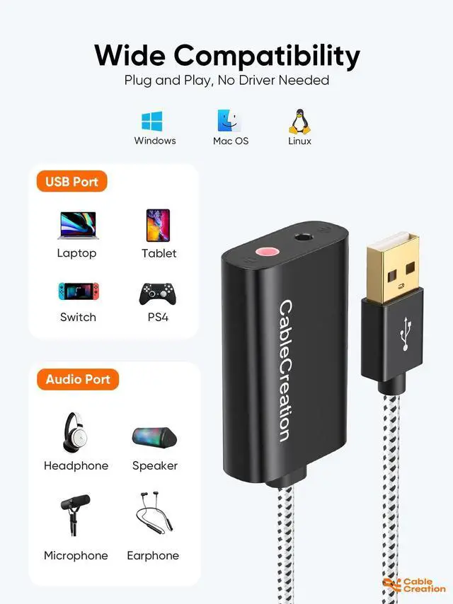 Alt view image 5 of 7 - USB Audio Adapter External Sound Card with 3.5mm Headphone and Microphone Jack Compatible with Windows, Mac, macOS, Linux, PS4, PS5, Plug and Play, Aluminum Black
