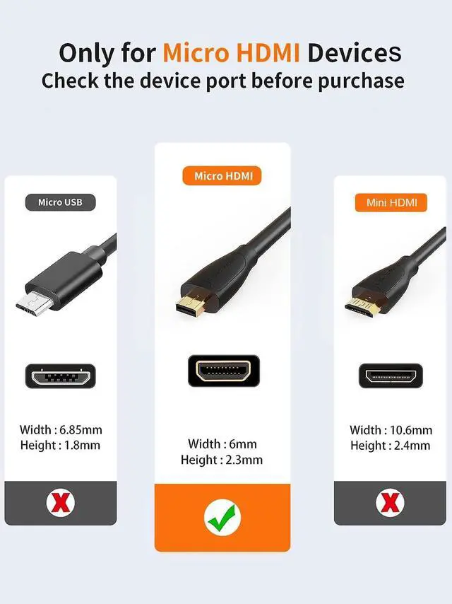 Alt view image 2 of 7 - 4K Micro HDMI to HDMI Cable Adapter, 4K 60Hz Ethernet 3D Audio Return, Compatible with GoPro Hero 7/6/5, Raspberry Pi 4, A6000, A6300, Nikon Camera, Yoga 3 Pro, Yoga 710, 6ft