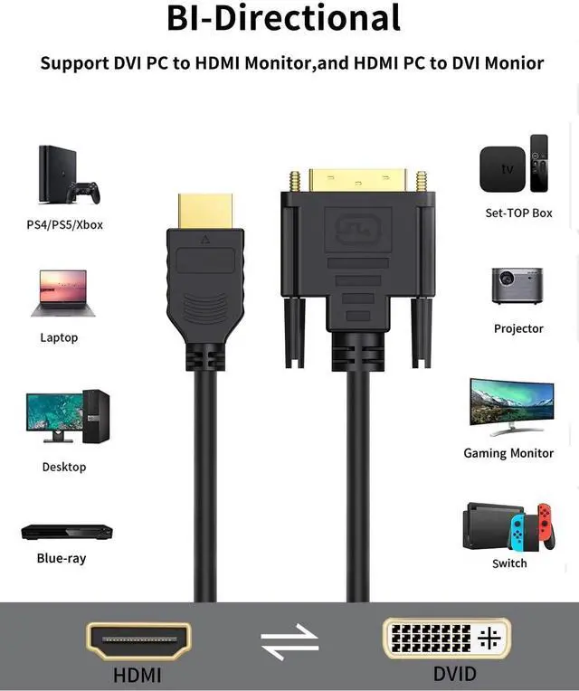 Alt view image 7 of 7 - HDMI to DVI Cable, 0.15 m Bi-Directional HDMI Female to DVI (24+1) Male Adapter Cable, HDMI DVI Conveter, Support 1080P, 3D, Gold-Plated, 0.5 Ft/Black