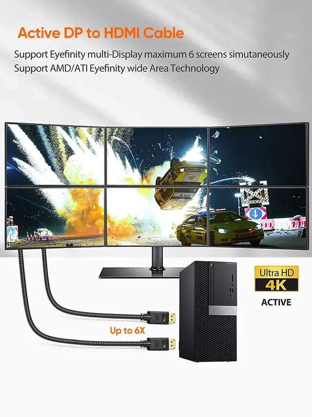 Alt view image 4 of 7 - Active DisplayPort to HDMI Cable 4K, 6FT Braided DP to HDMI Cord, Support 4K@30Hz & 3D Audio/Video Converter, Eyefinity Multi-Screen, 1.83M / Black