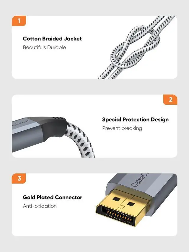 Alt view image 6 of 7 - 8K DisplayPort Cable 10 FT/3M, DP to DP Cable 1.4,Support 8K@60Hz, 4K@144Hz, 2K@165Hz Video Resolution & HDR,Gray