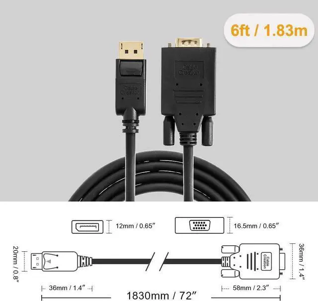Alt view image 7 of 7 - 6ft DP to VGA Cable, Black, Supports 1080P@60Hz, Connects DisplayPort Devices to VGA Monitors, Displays, or Projectors