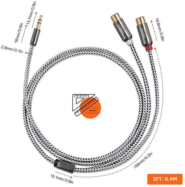 Alt view image 7 of 7 - 3.5mm Male to 2RCA Female Jack Stereo Audio Cable, 3.5mm to RCA Extension Cable Compatible with iPhone, iPad, MP3, Tablets, HiFi Stereo System, Speaker,3FT/0.92M