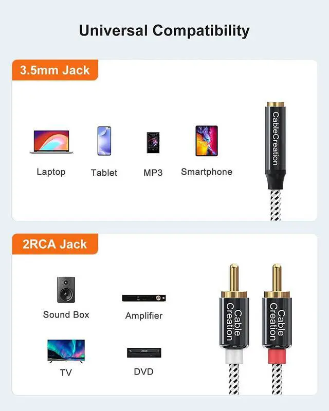 Alt view image 4 of 7 - 3.5mm to RCA Cable, 3.5mm Female to 2RCA Male Stereo Audio Cable Gold Plated for TV,Smartphones, MP3, Tablets, Speakers,Home Theater,Black and White, 3FT/1M