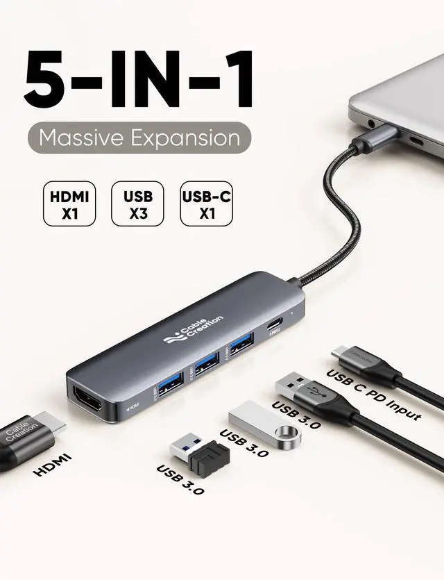 Alt view image 2 of 6 - USB C Hub, CableCreation 5-in-1 USB C to HDMI Multiport Adapter, 100W PD, 3 USB 3.0 Ports for MacBook Pro, MacBook Air M1/M2, iPad Pro, Surface Pro, XPS