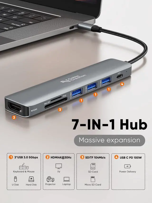 Alt view image 2 of 7 - USB C Hub Multiport Adapter, 7-in-1 USB C HDMI Hub with 4K 30Hz HDMI, 100W PD, 3 USB 3.0 5Gbps Data Ports, SD/TF Cards Reader for MacBook Pro/Air, iPad Pro, Pixelbook, XPS