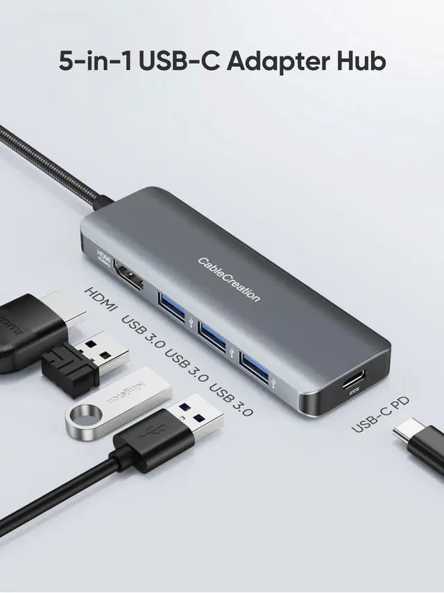 Alt view image 2 of 7 - CableCreation USB-C Hub 4K 60Hz, 5-in-1 USB C Multiport Adapter with HDMI and 3 USB 3.0 Ports, 100W Power Delivery, Compatible with MacBook Pro, MacBook Air, Mac mini, iPad Pro, Surface Pro, XPS