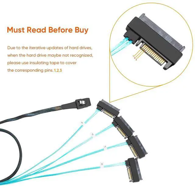 Alt view image 4 of 7 - Mini SAS Cable with SATA Power(2PACK), Internal Mini SAS 36 Pin to 4 x 29 Pin Cord with SATA Power, SFF-8087 to SFF-8482 Cable, 3.3 FT