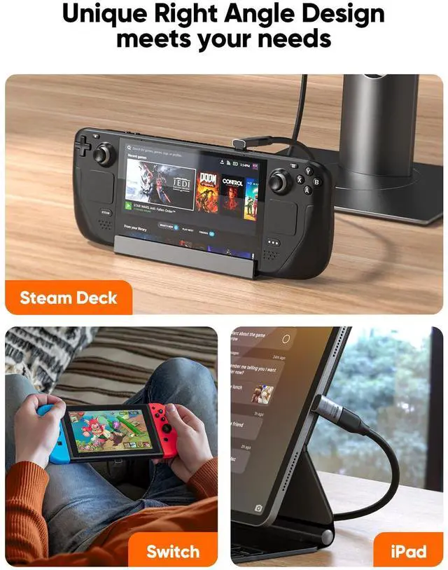 Alt view image 7 of 7 - 90 Degree USB C Adapter, Right Angle USB C Male to Female Adapter 40Gbps 240W Compatible with Steam Deck, ROG Ally, Switch, Notebook, PC, Tablet, Phone and More,Up Angle