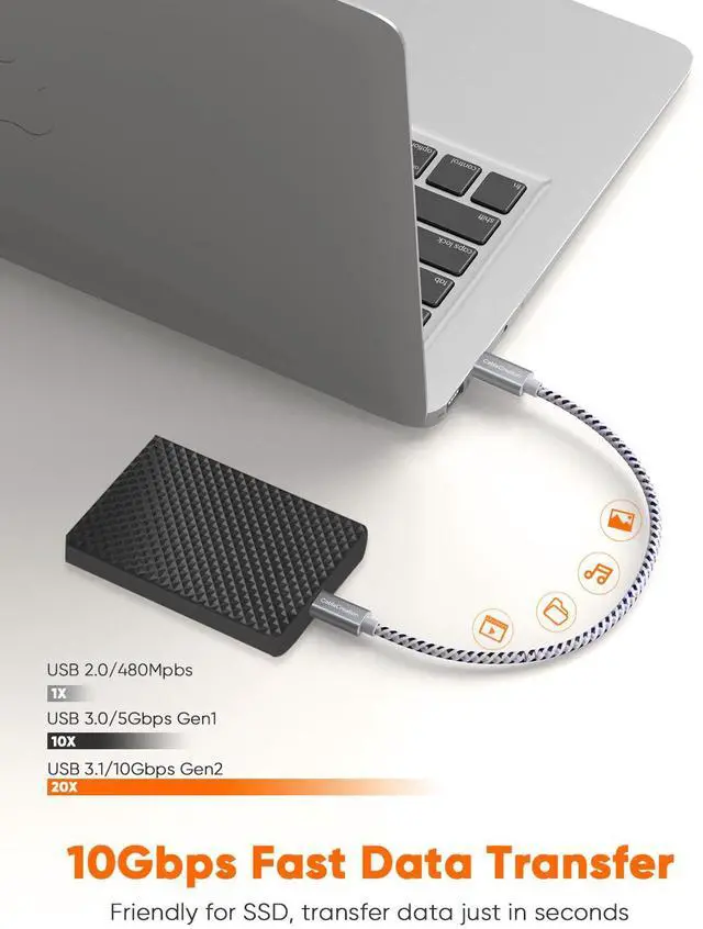 Alt view image 3 of 7 - 100W Short USB C to USB C 3.1 Gen 2 Cable 10Gbps, 4K Video Output Monitor Cable, Type C Fast Charging Cord for iPhone 16 15 Pro Max Plus, SSD, MacBook, iPad, Galaxy S24/23, Pixel, 1FT