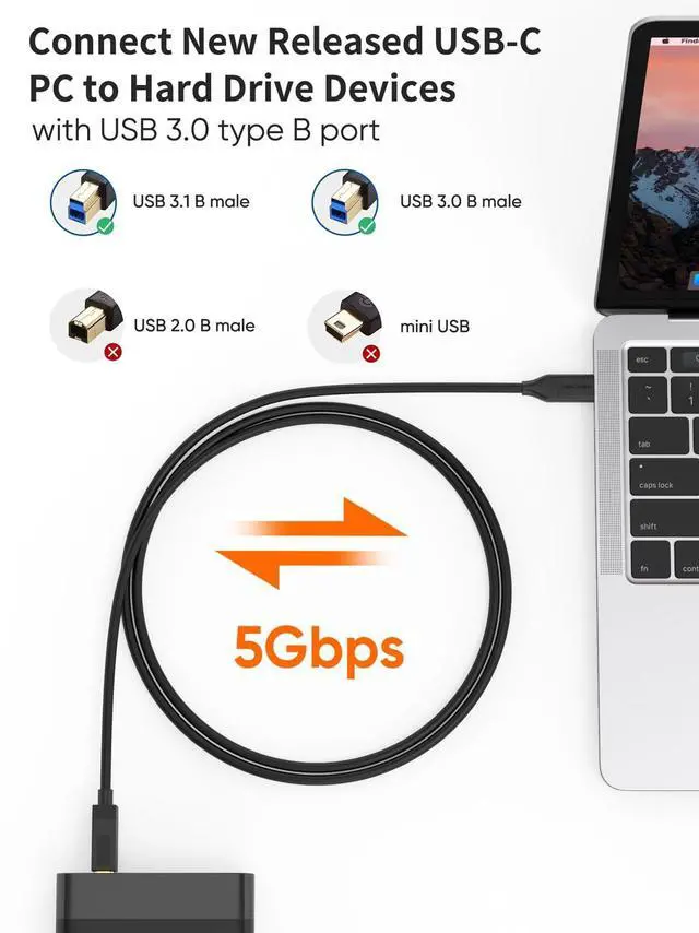 Alt view image 2 of 7 - USB C to USB B 3.1 Cable 6FT, 5Gbps USB Type B to USB C Cable for Thunderbolt 3 Host MacBook Pro Air, External Hard Drive, Docking Station, Scanner, Black,1.8M