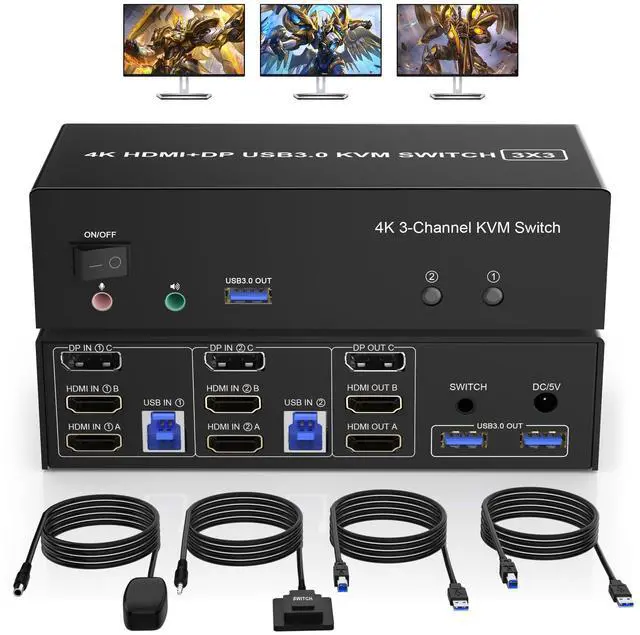 Main image of Vszerda 2 HDMI + 1 Displayport KVM Switch 3 Monitor 2 Computers, 4K@60Hz Triple Monitor KVM Switch with Audio and 3 USB 3.0 Ports, 2 Computers Share 3 Monitors Keyboard Mouse Switcher