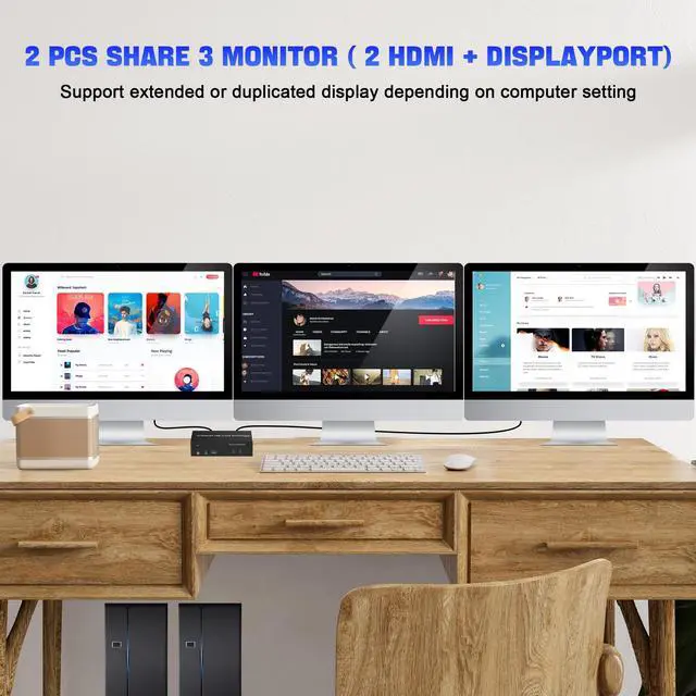 Alt view image 2 of 7 - Vszerda 2 HDMI + 1 Displayport KVM Switch 3 Monitor 2 Computers, 4K@60Hz Triple Monitor KVM Switch with Audio and 3 USB 3.0 Ports, 2 Computers Share 3 Monitors Keyboard Mouse Switcher