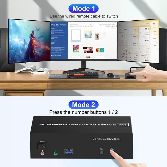 Alt view image 6 of 7 - Vszerda 2 HDMI + 1 Displayport KVM Switch 3 Monitor 2 Computers, 4K@60Hz Triple Monitor KVM Switch with Audio and 3 USB 3.0 Ports, 2 Computers Share 3 Monitors Keyboard Mouse Switcher