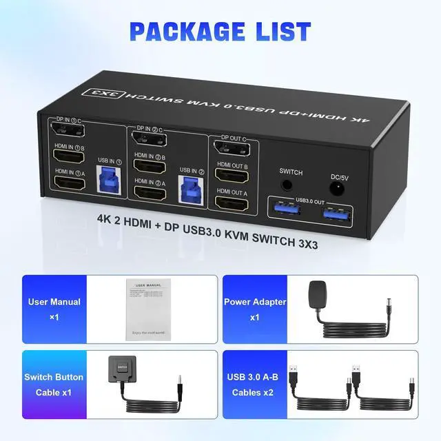 Alt view image 7 of 7 - Vszerda 2 HDMI + 1 Displayport KVM Switch 3 Monitor 2 Computers, 4K@60Hz Triple Monitor KVM Switch with Audio and 3 USB 3.0 Ports, 2 Computers Share 3 Monitors Keyboard Mouse Switcher